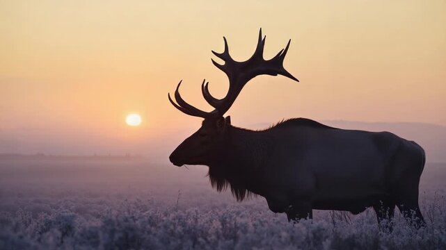 Standing antlered bull elk tilting head in frosted meadow at dawn with sun rising, copy space