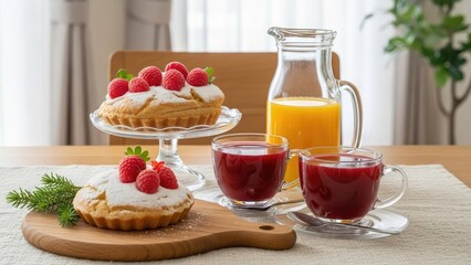 Delicious dessert with raspberries and whipped cream on a wooden board with juice