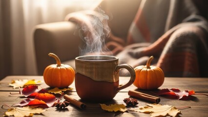 Cozy autumnal scene with steaming cup of coffee surrounded by pumpkins and fallen leaves on a wooden table