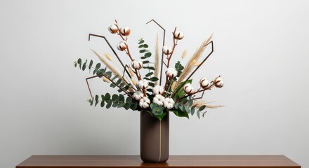 Elegant floral arrangement in brown vase on wooden table against gray background with green leaves and white flowers