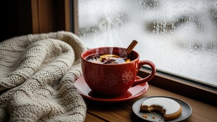 Cozy red cup of hot chocolate with cinnamon stick on wooden windowsill with knitted blanket on a foggy winter day