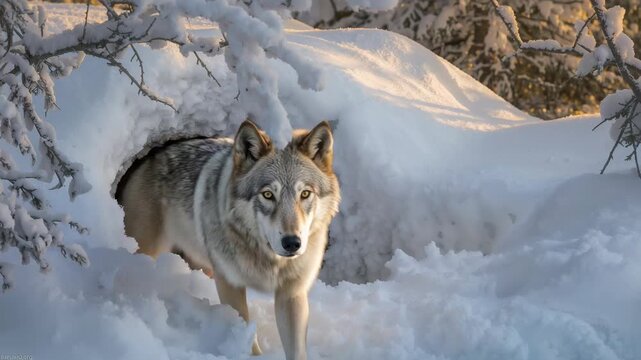 Emerging adult gray wolf sensing dawn light and stepping from snow drift den to survey clearing