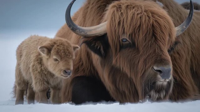 Nudging calf rubbing neck against adult bovine with curved horns on snowy plain, seeking warmth