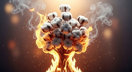 Cotton plant engulfed in flames with smoke rising against a dark background symbolizing danger and urgency