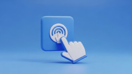 3d rendered cursor clicking on a blue square button with wi fi signal icon in a minimalist blue environment
