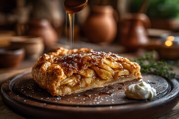 Rustic Baked Apple and Caramel Galette Slice on Dark Wooden Board with Cr&egrave;me Fra&icirc;che in Sunlit Kitchen