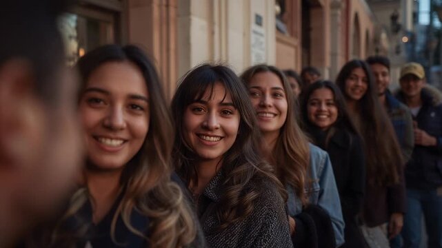Posing friends in coats smiling on sidewalk by store for camera while blurred person moving left