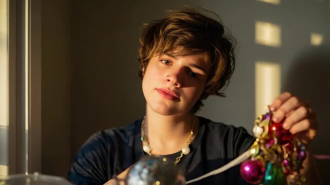 Holding teen male adjusting shiny tinsel and baubles at window table, sunlight catching disco ball