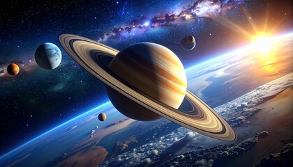 Stunning cosmic view planets and rings orbiting in a vibrant starry universe