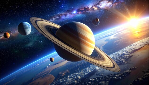 Stunning cosmic view planets and rings orbiting in a vibrant starry universe