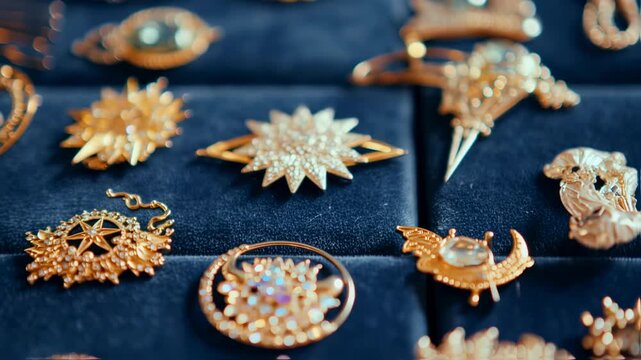 Exquisite collection of vintage gold brooches on display showcasing intricate designs