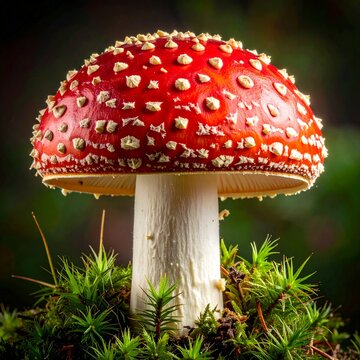 Vibrant red mushroom with white spots growing in green mossy environment