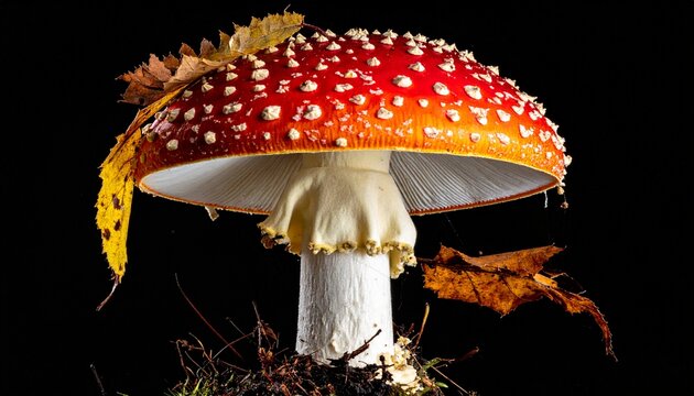 Vibrant red mushroom with white spots and autumn leaves against black background