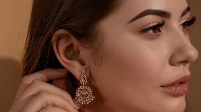 Preparing for portrait adjusting model fastening ornate chandelier earring, showing beaded top
