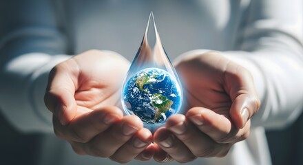 World water day person holding globe in water drop on hands