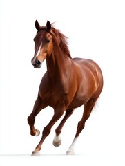 Obraz premium A beautiful brown horse galloping gracefully in a bright, white background. This image captures the energy and elegance of this majestic animal in a stunning way.