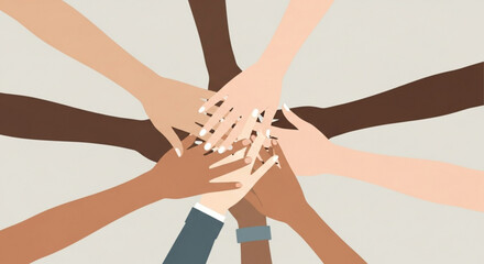 Diverse hands stacked together in unity and cooperation with different skin tones