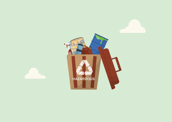 Hazardous Waste Recycling bin. hazardous waste items like paint cans, chemical drums, batteries, and liquids ideal for eco education and waste sorting visuals.  Waste management. Vector illustration