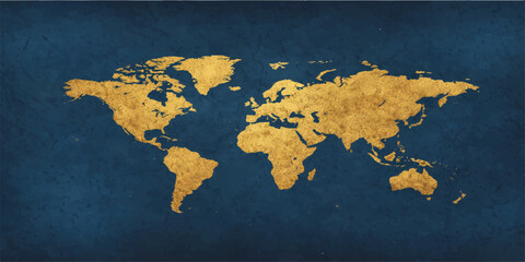 A vintage-style world map illustration featuring an atlas of continents including Europe, Asia, and America on old paper and weathered wood textures for global geography and travel business © ZINGGALALA HOHO