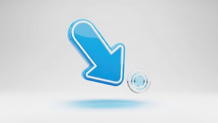 Glowing blue arrow download icon with shadow and light effect on grey background