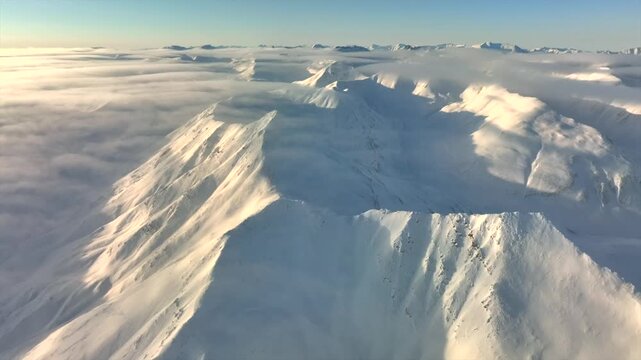 Aerial view of snow-covered mountains piercing through a sea of clouds, creating a stunning contrast of white peaks and soft, diffused light, Coldfoot, Alaska, United States.