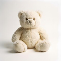 Fototapeta premium A white teddy bear sitting alone on a plain white surface viewed from the front with its fluffy fur and cute expression