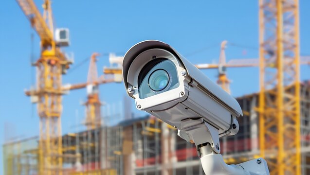 High-resolution security camera monitors urban construction site, ensuring safety, surveillance, and crime prevention with modern digital CCTV technology for industrial infrastructure development.