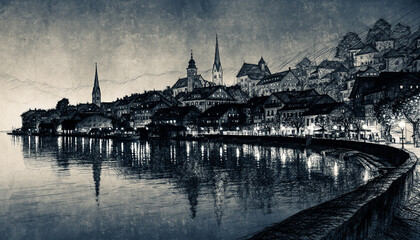 Obraz premium Nighttime Cityscape Along a Reflective Waterfront.