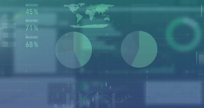 Animation of infographic interface over multiple graphs and shape on abstract background