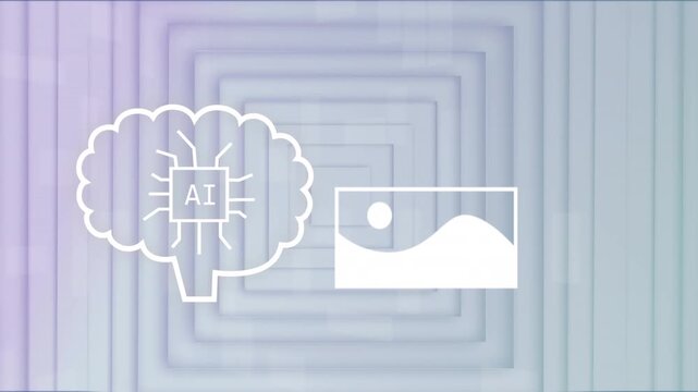 Animation of ai text in brain with multiple icons over squared tunnel against white background