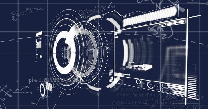 A digitally generated animation of mathematical formulae moving over a grid on a black background