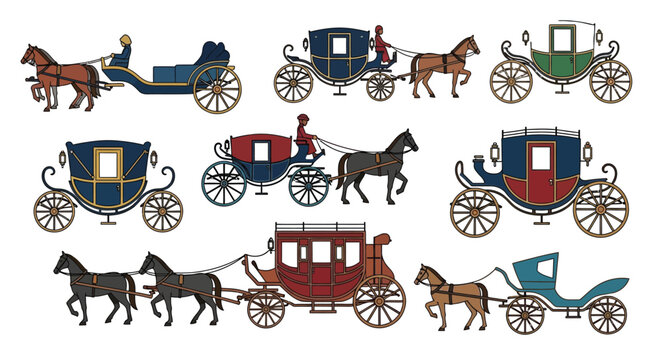 Vintage horse drawn carriages collection an illustrated set of historical transportation vehicles