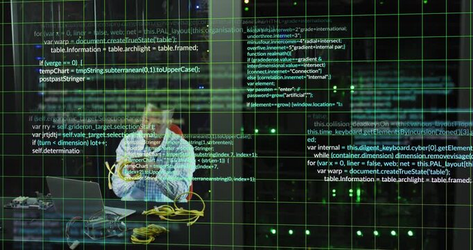 Animation of data processing on african american male engineer holding network cables at server room