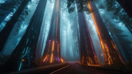 Fototapeta premium Enchanting fog-laden redwood forest path illuminated with vibrant neon lights