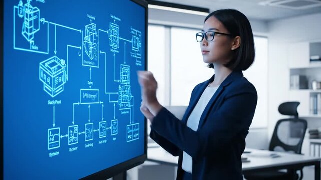 Young female professional interacting with a complex software system blueprint on a large digital display, visualizing data architecture and technological innovation in a modern office
