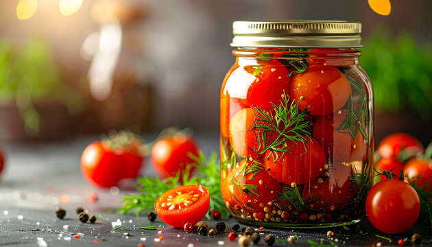 Homemade pickled cherry tomatoes in glass jar with dill and peppercorns, brine visible, rustic kitchen