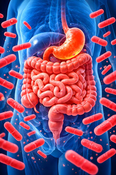 An anatomical illustration of a blue human torso highlighting the digestive system in red, surrounded by floating red rod-shaped bacteria symbolizing the gut microbiome.