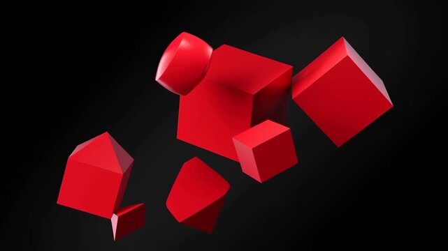 Vivid Red Geometric Shapes Revolve Swiftly With Mirrorlike Surfaces Producing Compelling Shadow Effects