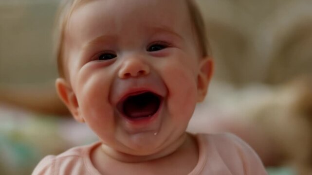 Giggling baby in pink onesie responding to off-camera caregiver, drooling and wriggling on bedding