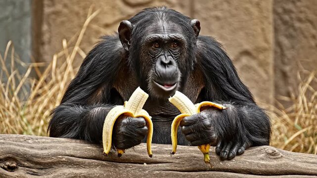 A common chimpanzee stares intensely into the camera while clutching two peeled yellow bananas in its hands over a weathered log, perfect for wildlife education or nature documentary films.