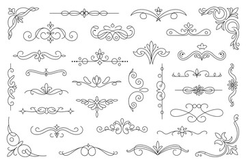 Collection of Decorative Black Line Flourishes and Ornaments on White Background Keywords: flourish, ornament, decorative, design, element, vintage, retro, elegant, ornate, scroll