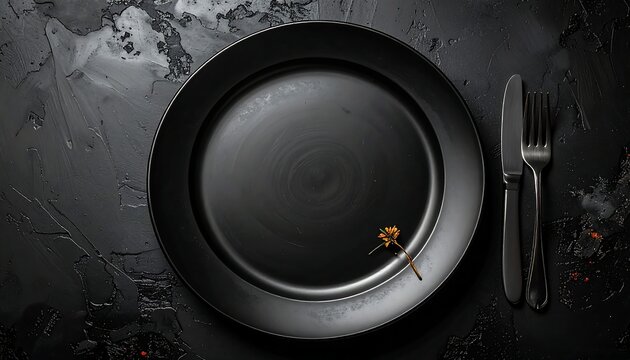 Minimalist black plate setting with fork and knife on dark background.