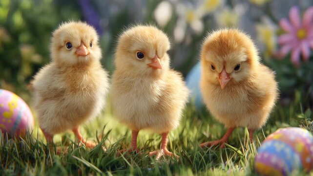 Close-up of three fluffy yellow chicks standing in fresh green grass with colorful Easter eggs, soft natural light, springtime mood, cute farm animals symbolizing new life and seasonal celebration