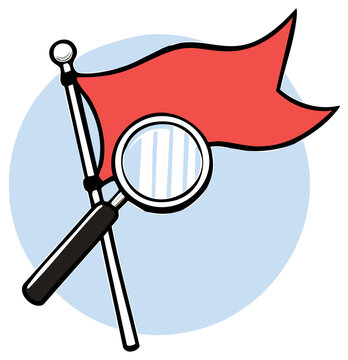 Investigating a Red Flag Warning Sign with Magnifying Glass Cartoon Icon