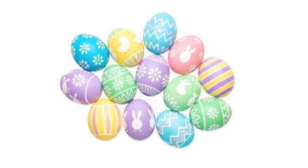 Colorful easter eggs with various patterns isolated on transparent background