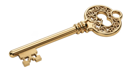 Golden ornate key with intricate design isolated on transparent background
