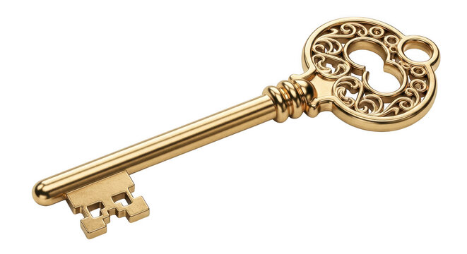 Golden ornate key with intricate design isolated on transparent background