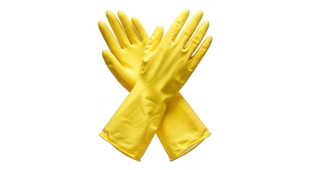 A pair of bright yellow rubber gloves crossed over each other isolated on transparent background