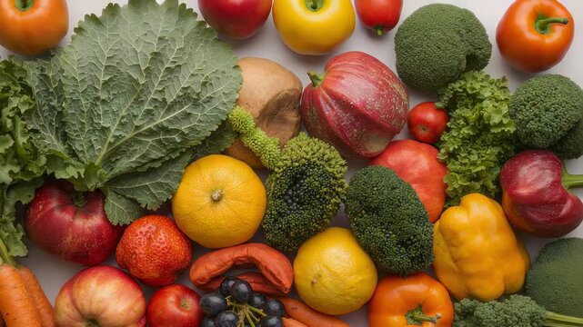 Shifting camera revealing produce spread on neutral tabletop to showcase kale citrus grapes carrots