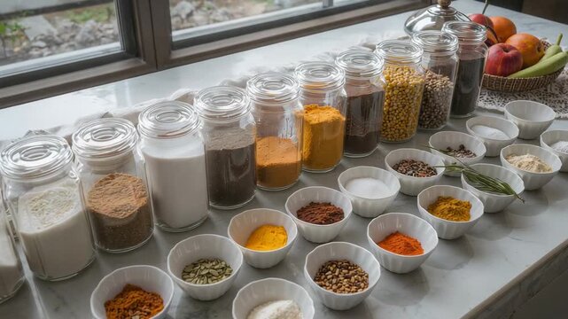 Moving camera revealing glass jars and bowls on marble counter at kitchen window, showing lineup